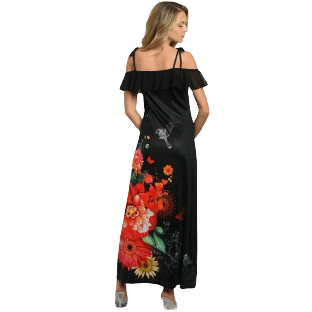 TWELFTH LOVE Maxi Dress Black Floral Off-Shoulder - Picture 3 of 9